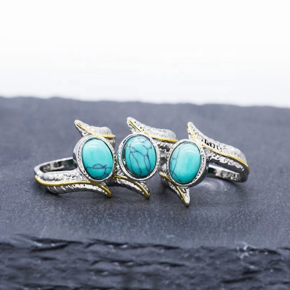 💥925 Silver Plated Green Turquoise Leather Shape Cut Ring, GPMB1514 - Picture 3 of 6